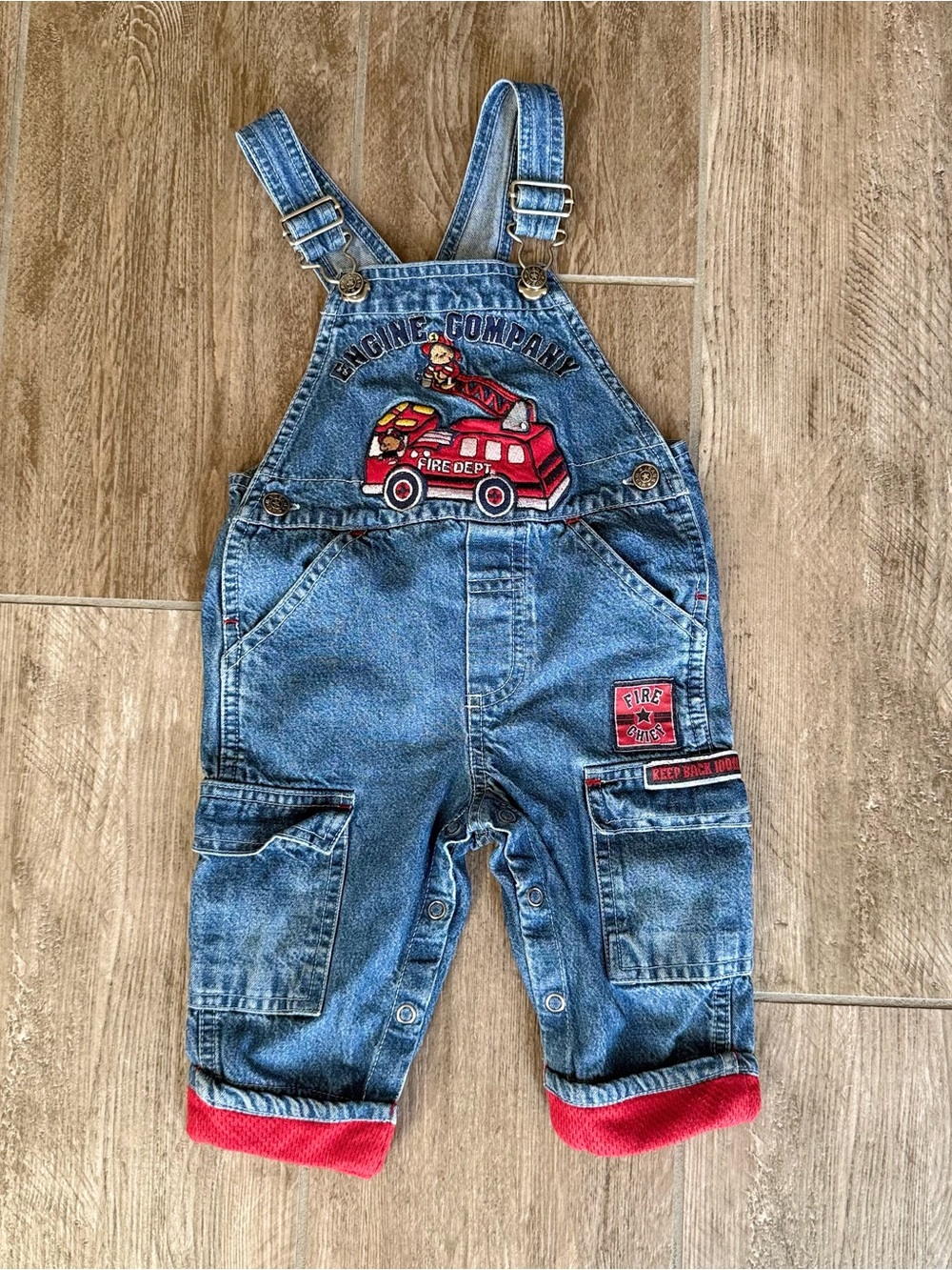 Vintage Toddler Denim Fire Truck Overalls - Blue with Red Accents Embroidered
